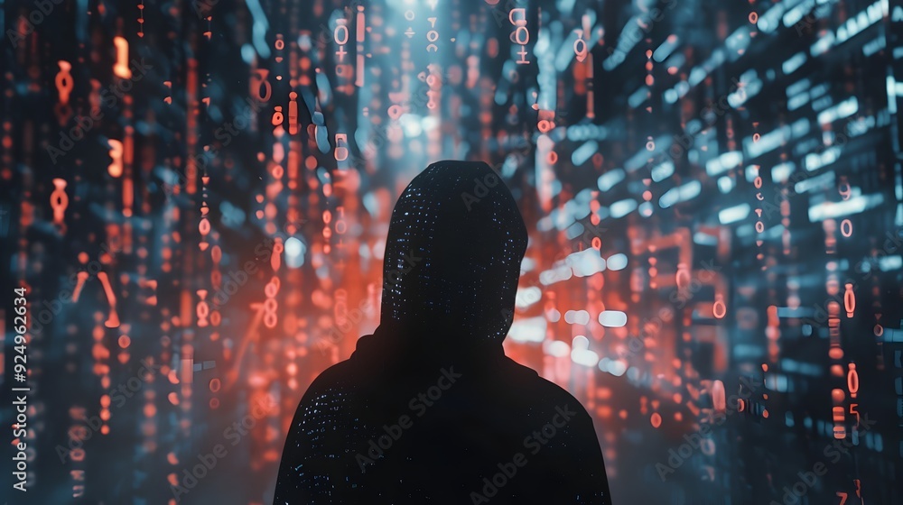 Poster mysterious hacker in hooded attire facing abstract technological backdrop