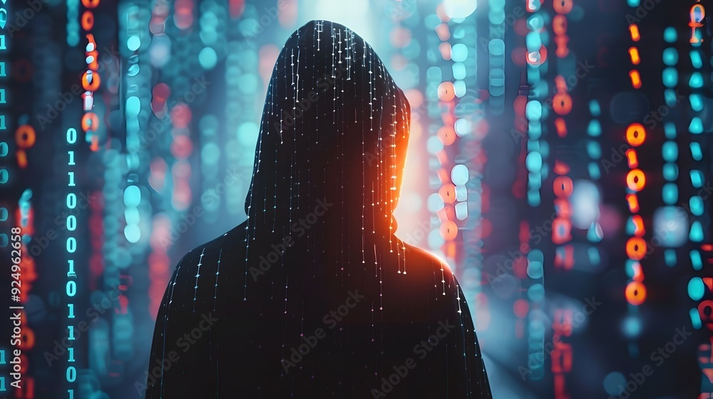 Poster mysterious hacker in digital realm emanating glowing intensity