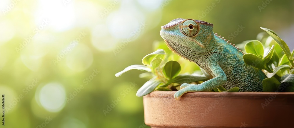 Poster Asian Chameleon on a flowerpot. with copy space image. Place for adding text or design