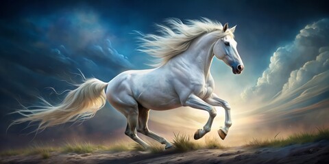 electric white horse galloping freedom dynamic energetic majestic wild spirit