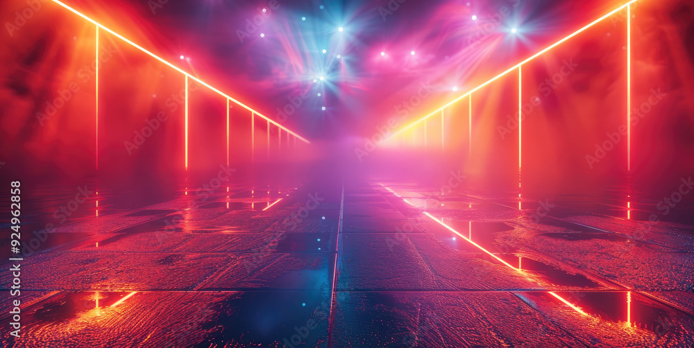Poster A dynamic light scene with beams and colors moving to a strong rhythm. Generative AI.