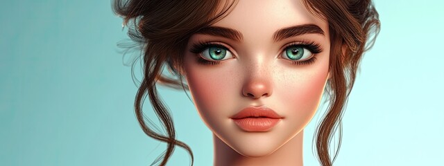 Fototapeta premium 3D Cartoon Portrait of a Beautiful Young Woman with Enchanting Make Up