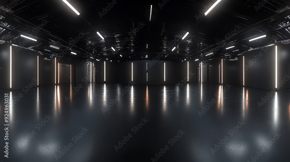 Poster a 360-degree full panorama of a black minimalistic studio environment, featuring bright lights and r
