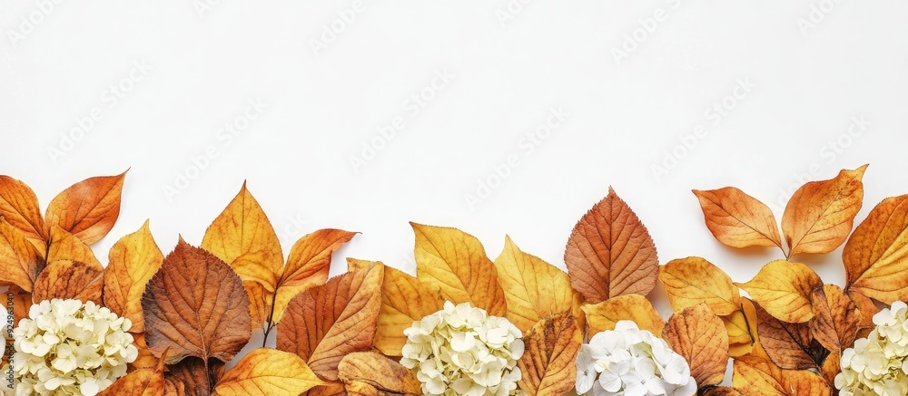 Poster Arrangement of yellow and brown beech autumn leaves and hydrangea flowers mockup on a white background Empty side view still life copyspace