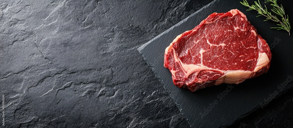 Leinwandbilder Close up of raw dry aged Kobe ribeye steak on a black board. with copy space image. Place for adding text or design
