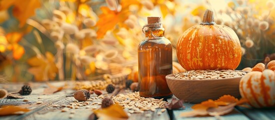 Pumpkin and a bottle with groats resting on autumn leaves against a white background. with copy space image. Place for adding text or design