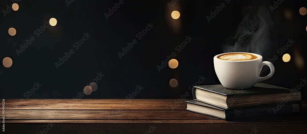 Poster Nighttime coffee with crema and a stack of books cover mock up on a wooden table. with copy space image. Place for adding text or design