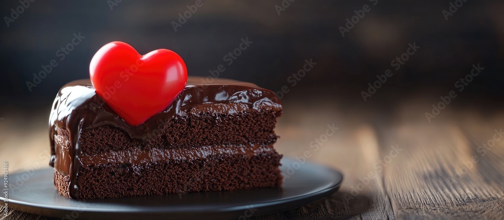 Fototapete Close up of a chocolate cake with a red heart. with copy space image. Place for adding text or design