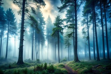 Obraz premium Mysterious and eerie, a fog-shrouded forest landscape with towering trees, misty veil, and a sense of isolation, evoking a surreal and mystical atmosphere.
