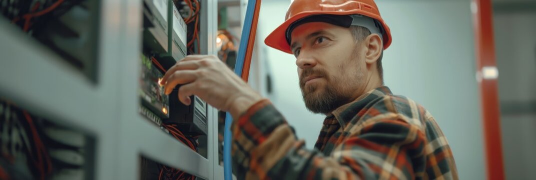 An electrician wearing a red helmet works on a complex wiring panel, demonstrating focus, knowledge, and meticulous attention to detail in electrical tasks.