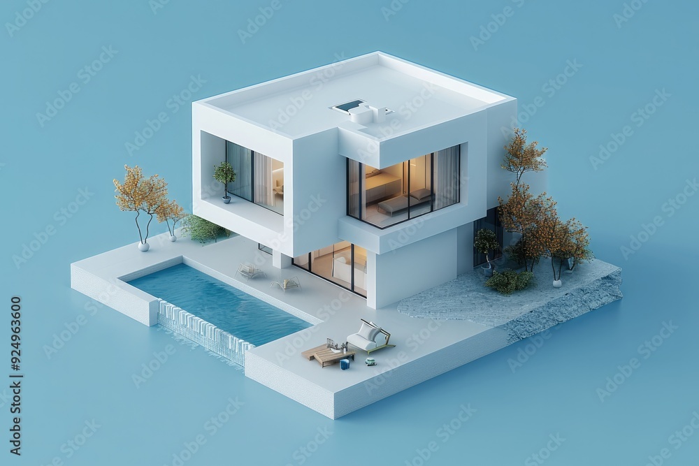 Aufkleber a 3D render of a modern minimalist house model isolated on a blue background. Generative AI.