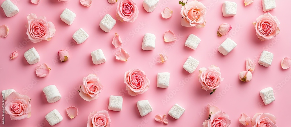 Poster Pink pastel background featuring roses and marshmallows Flat lay Top view. with copy space image. Place for adding text or design