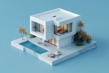 a 3D render of a modern minimalist house model isolated on a blue background. Generative AI.