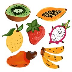 Loose elements. colorful and stylized fruits. painting effect, red, green, yellow, banana, strawberry, lemon, kiwi, papaya