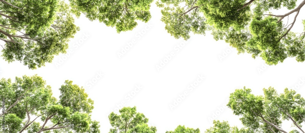 Fototapete group of treetops and tree branches isolated on white featuring trees and green leaves. with copy space image. Place for adding text or design