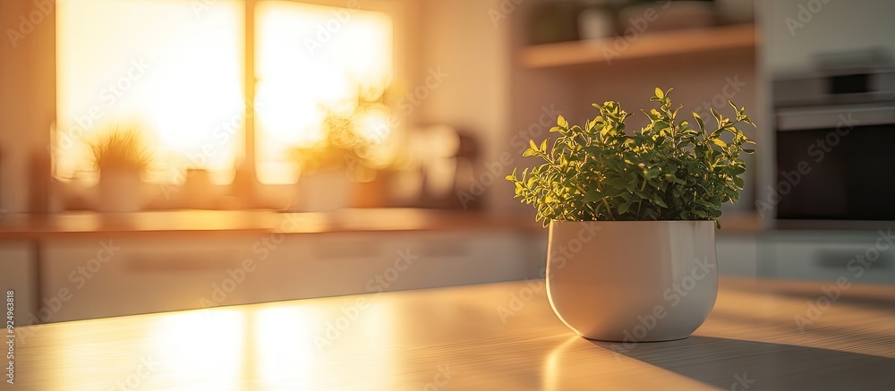 Aufkleber Abstract blurred image of a kitchen with soft lighting for background use Blurred interior background concept in white tones. with copy space image. Place for adding text or design