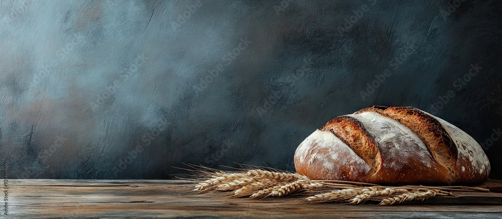 Poster rustic bread and wheat on an aged vintage wooden table dark moody backdrop with available text space
