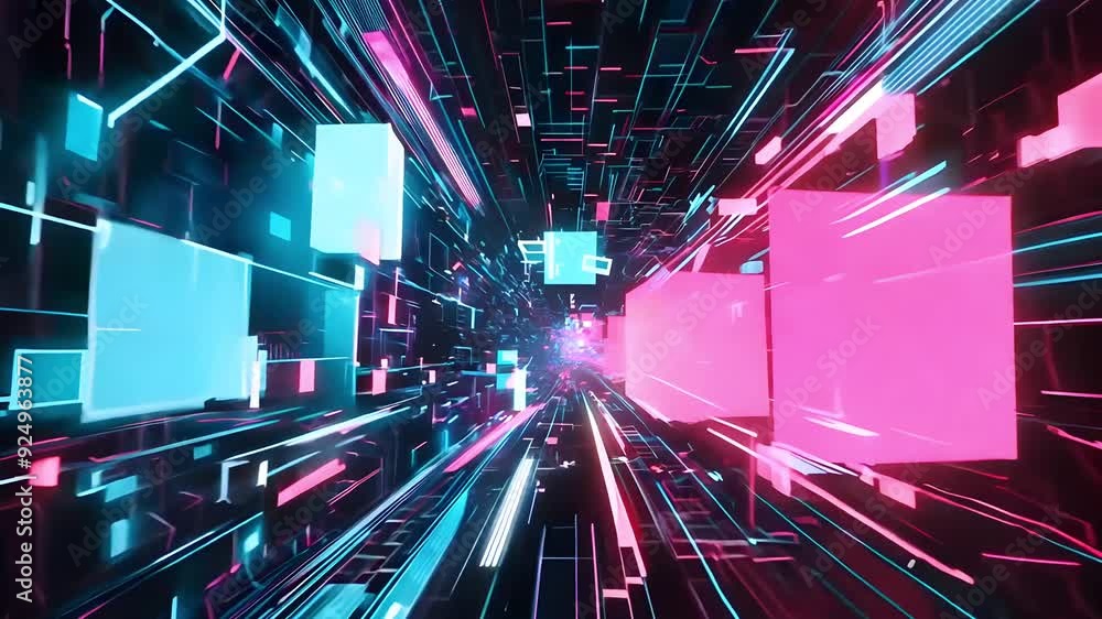 Poster a vibrant digital landscape with glowing lines and blocks creating a sense of depth and speed, repre