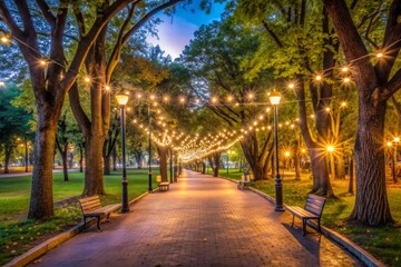 Obraz premium Softly lit walking paths winding through trees, casting long shadows beneath twinkling string lights in a serene and peaceful urban park evening atmosphere.