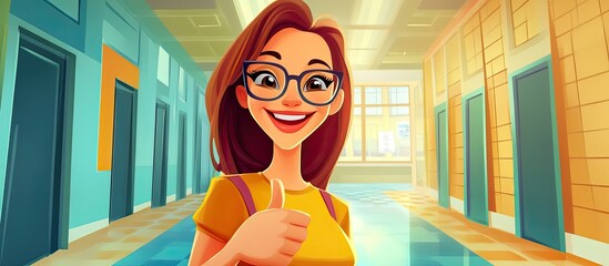 Cheerful cartoon woman in glasses giving a thumbs up in a vibrant office hallway
