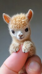 Fototapeta premium A lifelike, 8K image of a micro tiny baby alpaca resting on a human finger, capturing its fluffy fleece and gentle expression in stunning clarity