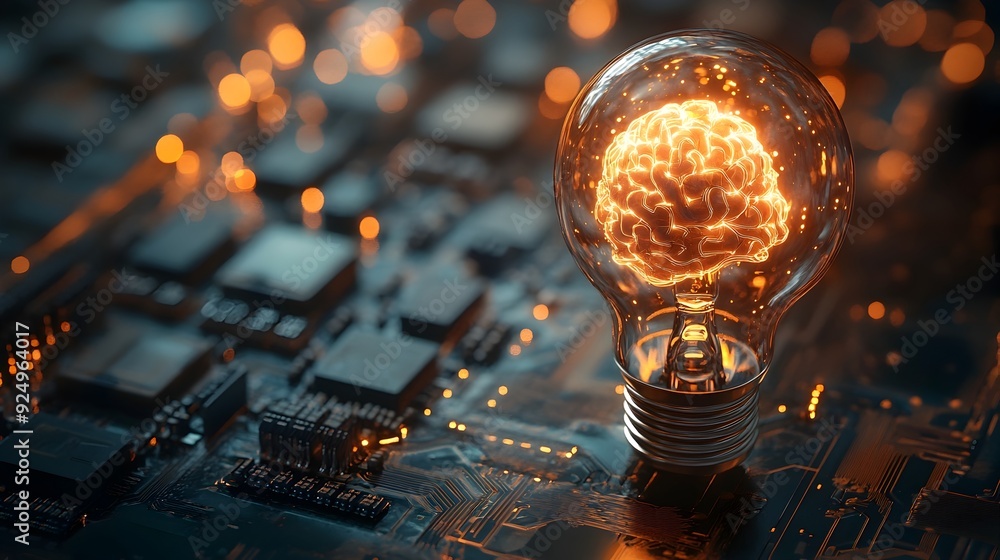 Poster glowing light bulb with brain on circuit board representing fusion of technology and intellect