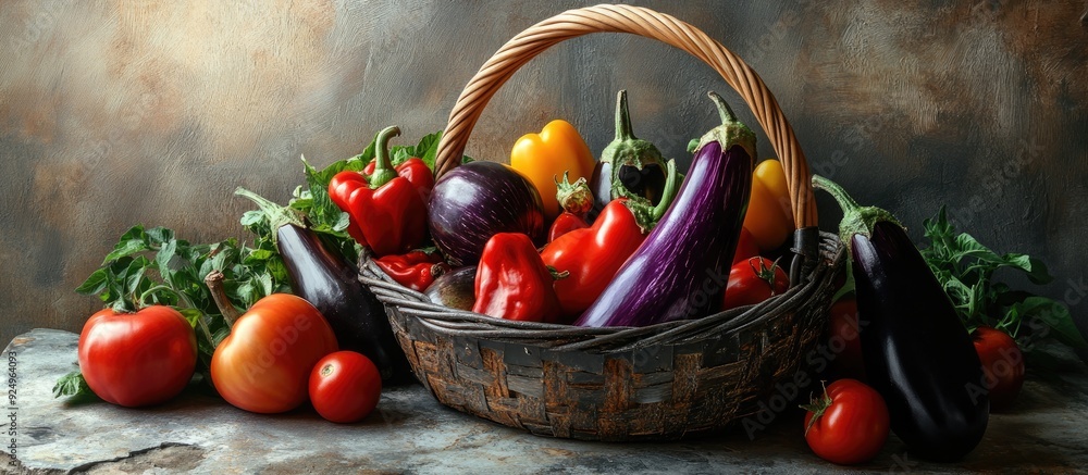 Fototapete Harvest of ripe peppers tomatoes eggplants and onions in a metal basket on a stone table. with copy space image. Place for adding text or design