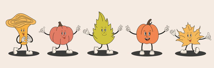 Autumn collection of happy cartoon characters, leaf, pumpkin, mushroom, chanterelle. Cute autumn mascot in retro groovy style for seasonal designs, cards, prints. Hello autumn banner, harvest time.