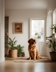 Fototapeta na wymiar pet dog at home sitting near door cozy home interior indoor plants with no people