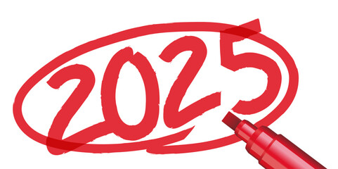 L’année 2025 écrite à la main et entourée d’un cercle rouge sur un fond de papier blanc, avec un feutre ou un marqueur.