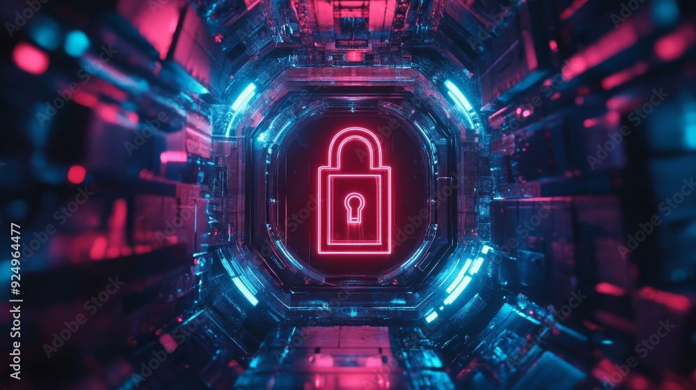 Poster cyber security and data protection: a glowing digital tunnel with a neon padlock - a glowing digital
