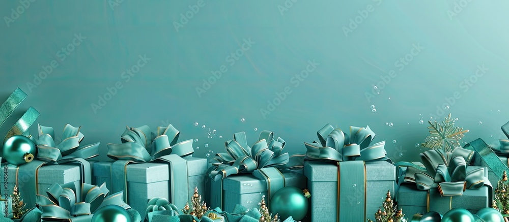 Poster banner featuring numerous gift boxes adorned with velvet ribbons and paper decorations against a tur