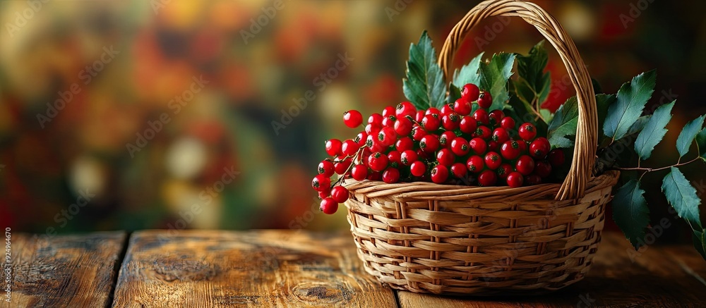 Poster Collect fresh red berries along with green leaves in a wooden basket Autumn theme close up. with copy space image. Place for adding text or design