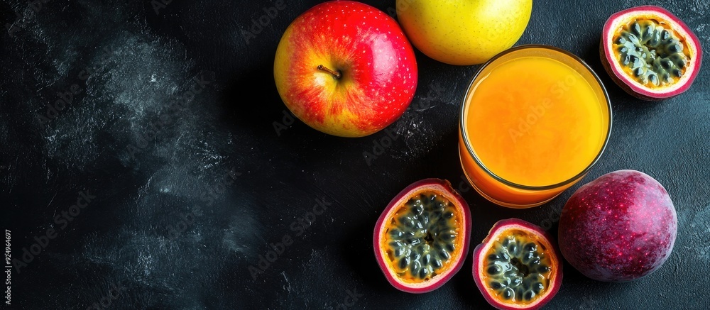 Aufkleber a glass of fresh fruit juice with seeds on a black background alongside a ripe yellow apple and chun