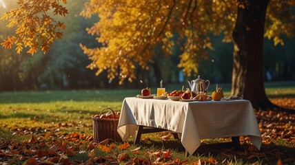 enchanting atmosphere, beautiful autumn picnic, leaves shimmering in the sun