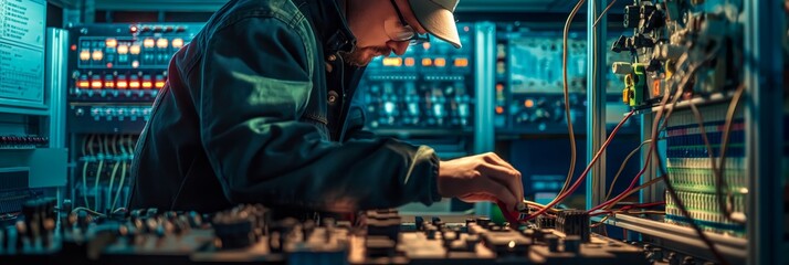 A technician in a dark studio works on a complex arrangement of audio equipment, connecting cables among various devices and controls.