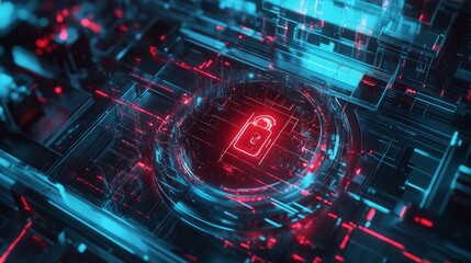 Obraz premium Cyber Security, Data Protection, Digital Privacy - Abstract Concept - A glowing padlock symbol at the center of a futuristic, abstract digital circuit board, symbolizing data security, online privacy,