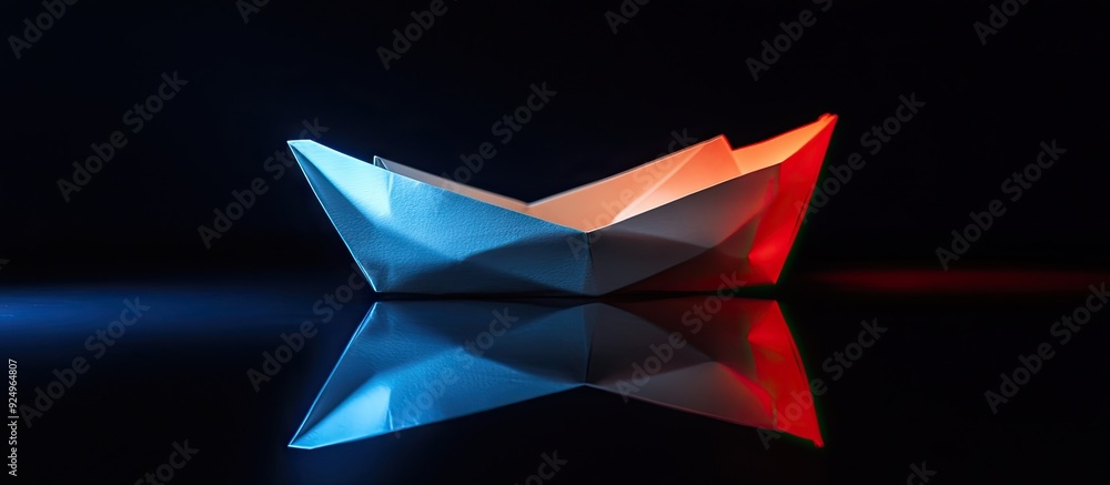 Aufkleber Folded white paper boat set against a black background Lit in blue and red featuring a reflection Close up with selective focus. with copy space image. Place for adding text or design