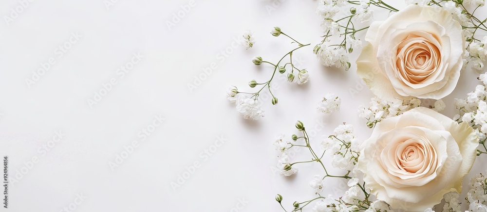 Poster Cream roses and gypsophila flowers arranged in a corner set against a white background. with copy space image. Place for adding text or design