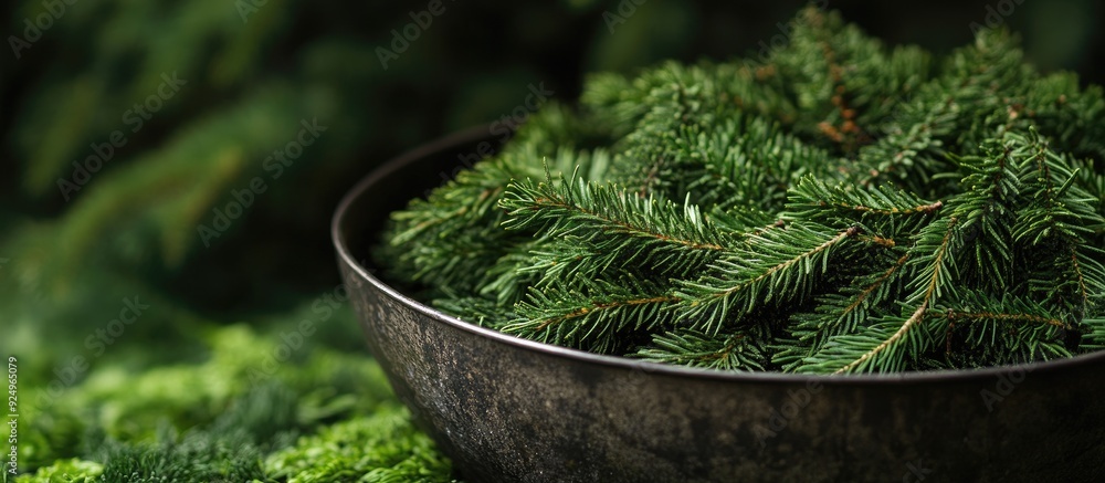 Aufkleber Close up image of a metal bowl filled with freshly gathered tips of a coniferous tree in spring. with copy space image. Place for adding text or design