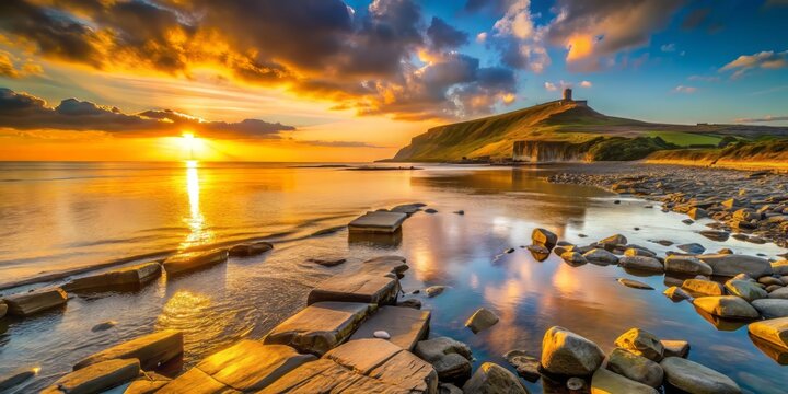 Warm golden light bathes the rocky shores and turquoise waters of Kimmeridge Bay on the Jurassic Coast of Dorset as the sun sets behind the cliffs.