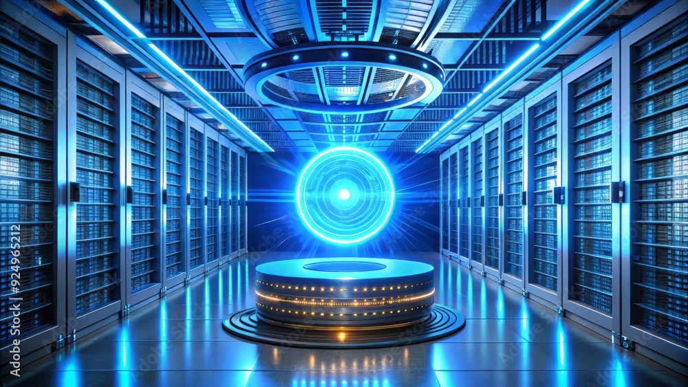 Poster modern computer server room with a neon blue round scanner spinning, surrounded by rows of servers, 