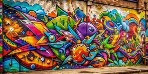 Fototapeta premium Vibrant graffiti artwork on a old wall featuring bright aerosol outlines, eclectic colors, and abstract shapes, perfect for a youth culture or urban lifestyle themed backdrop.