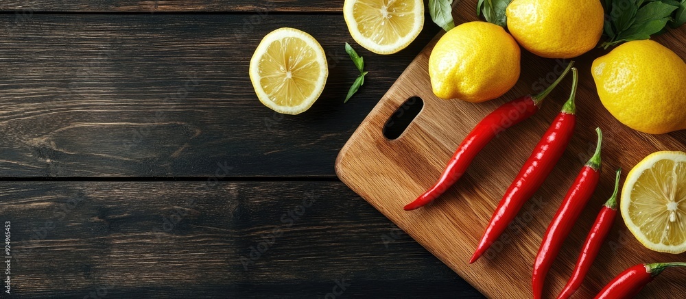 Aufkleber top view of fresh chilies and lemons on a chopping board against a dark wooden background. with copy