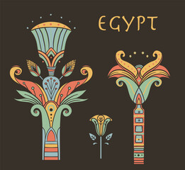 Egyptian floral colorful design element set isolated on white. Lotus flower, vector sign, symbol, logo illustration. Spirituality, occultism, chemistry, flower tattoo.