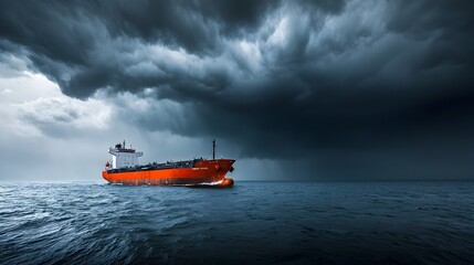 Cargo Ship Sailing Through Dramatic Stormy Seascape with Ominous Clouds on Horizon