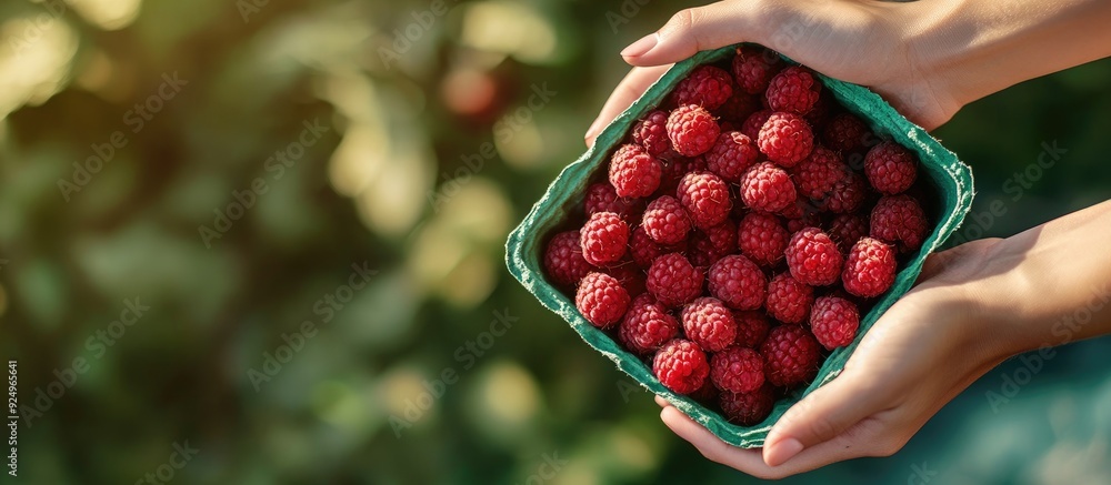 Aufkleber hands holding freshly picked raspberries outside in a green paper container with copy space