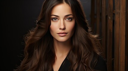 Fototapeta premium Beauty brunette woman with neat hair and healthy skin looks at the camera natural makeup of a young beautiful model on a studio background 