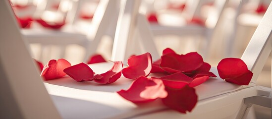 Rose petals on a white wedding chair Close up copy space toned