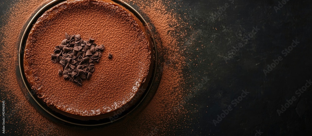 Fototapete Top view of a cheesecake covered in cocoa powder and topped with f. with copy space image. Place for adding text or design